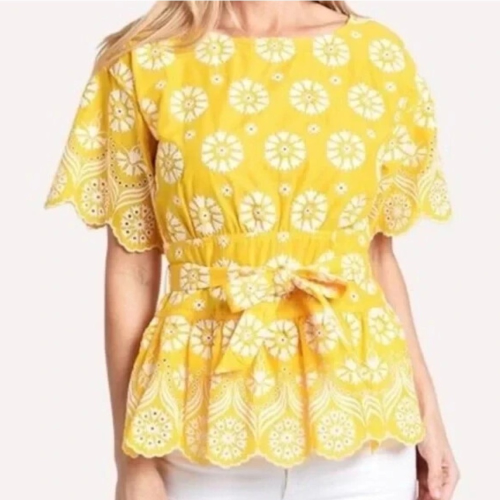 Tory Burch Embroidered Eyelet Ruffled Sunlight & New Ivory Top Blouse Yellow 4